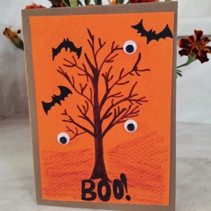 Χειροποίητη ζωγραφισμένη στο χέρι κάρτα Halloween από σκληρό χαρτόνι με νυχτερίδες & δέντρο - halloween, κάρτα ευχών, κάρτες, ευχετήριες κάρτες - 2