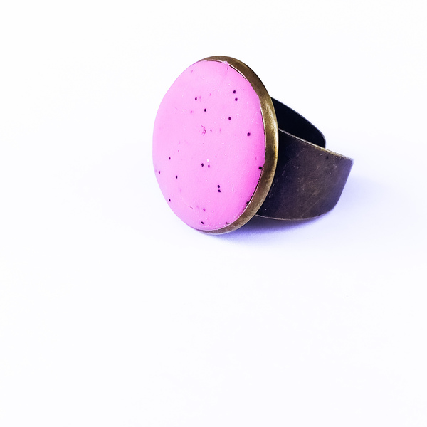 Vintage Bronze δαχτυλίδι ρυθμιζόμενο με γέμισμα από ροζ πολυμερικό πηλό - χαλκός, boho, μεγάλα, αυξομειούμενα