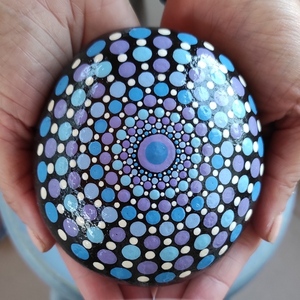 Φυσική πέτρα με σχέδιο dotting mandala μπλε - πέτρα, διακοσμητικές πέτρες - 4