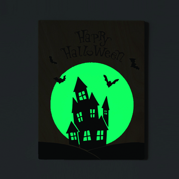 "Happy Halloween" ξύλινος διακοσμητικός πίνακας που φωσφορίζει στο σκοτάδι, 22x28 εκ - πίνακες & κάδρα, halloween, ξύλινα διακοσμητικά - 5
