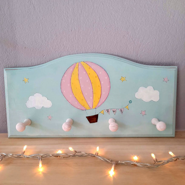 Κρεμάστρα τοίχου με όνομα για κορίτσι "Αερόσταο"!. - κορίτσι, αερόστατο, δώρα για βάπτιση, κρεμάστρες, προσωποποιημένα - 3