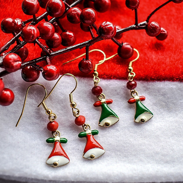 Χριστουγεννιάτικα σκουλαρίκια καμπανούλες - μικρά, κρεμαστά, γάντζος, χριστουγεννιάτικα δώρα - 3