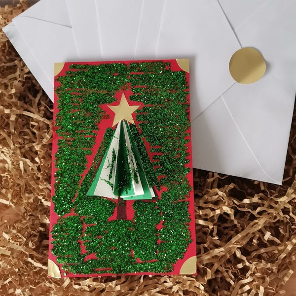Χειροποίητη χριστουγεννιάτικη κόκκινη κάρτα με τρισδιάστατο δεντράκι και γκλιτερ - κάρτα ευχών, merry christmas, χριστουγεννιάτικα δώρα, ευχετήριες κάρτες - 2