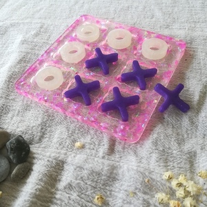 Επιτραπέζιο παιχνίδι τρίλιζα με ροζ νιφάδες από υγρό γυαλί - χειροποίητα, δώρα γενεθλίων, τρίλιζα, πρωτότυπα δώρα, επιτραπέζια - 2