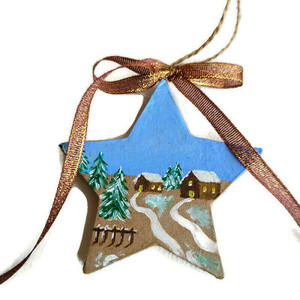 Στολίδι σε σχήμα αστεριού, από papier mache, ζωγραφισμένο στο χέρι - ζωγραφισμένα στο χέρι, αστέρι, χριστουγεννιάτικο, στολίδια