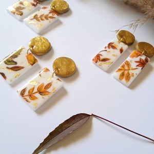 Σκουλαρίκια από πολυμερικό πηλό ζωγραφισμένα στο χέρι με φύλλα χρυσού και υγρό γυαλί - δέρμα, γυαλί, πηλός, καρφωτά, καρφάκι - 3