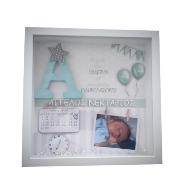 Καδράκι με στοιχεία γέννησης 27x27x6cm για Αγόρι & κορίτσι με μονόγραμμα σε πράσινο παστέλ μεντα (mint) και φωτογραφία - κορίτσι, αγόρι, δώρο γέννησης, 3d κάδρο, ενθύμια γέννησης
