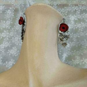 Σκουλαρίκια κισσός με δερμάτινο κόκκινο λουλούδι - δέρμα, αλπακάς, μακριά, κρεμαστά, μεγάλα - 3