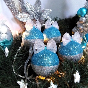 Σετ 4 χριστουγγενιάτικες μπάλες με μπλε-ασημί holographic γκλίτερ 6,5×5×5cm - χριστούγεννα, στολίδια, πρωτοχρονιά, μπάλες - 3