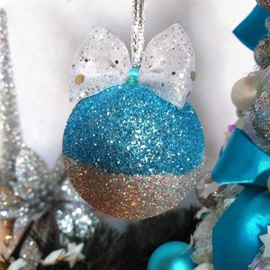 Σετ 4 χριστουγγενιάτικες μπάλες με μπλε-ασημί holographic γκλίτερ 6,5×5×5cm - χριστούγεννα, στολίδια, πρωτοχρονιά, μπάλες - 5