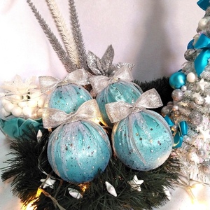 Σετ 4 χριστουγγενιάτικες μπάλες σατέν μπλε-οργάντζα ασημί γκλίτερ 10×8×8cm/τμχ - χριστούγεννα, στολίδια, πρωτοχρονιά, μπάλες - 3