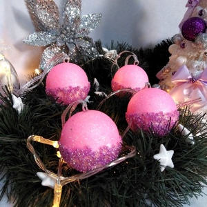 Σετ 4 χριστουγεννιάτικες μπάλες ροζ γκλίτερ-λιλά χάντρες 4,5×4,5×4,5cm/τμχ - χριστούγεννα, στολίδια, πρωτοχρονιά, μπάλες - 2