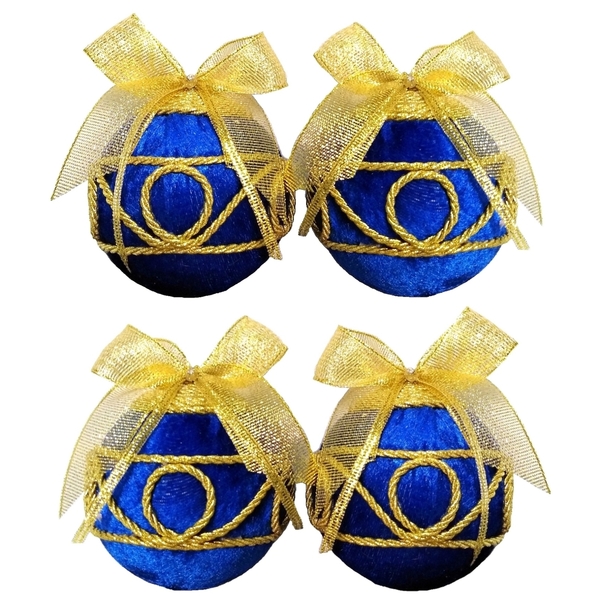 Σετ 4 χριστουγγενιάτικες μπάλες βελούδο μπλε-χρυσό 12,5×8×8cm/τμχ - χριστούγεννα, στολίδια, πρωτοχρονιά, μπάλες