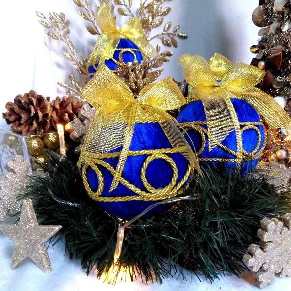 Σετ 4 χριστουγγενιάτικες μπάλες βελούδο μπλε-χρυσό 12,5×8×8cm/τμχ - χριστούγεννα, στολίδια, πρωτοχρονιά, μπάλες - 3