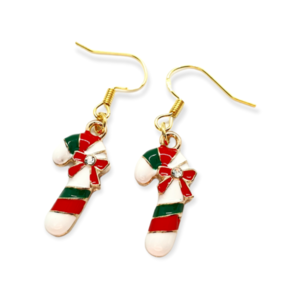 Σκουλαρίκια κρεμαστά μεταλλικά " Χριστουγεννιάτικα Μπαστουνάκια" - επιχρυσωμένα, μικρά, κρεμαστά, γάντζος, φθηνά