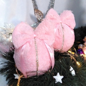 Σετ 2 χριστουγγενιάτικες μπάλες πολυτελείας γούνινες ροζ 13×9×9cm/τμχ - χριστούγεννα, στολίδια, πρωτοχρονιά, μπάλες - 2