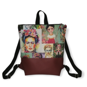 Backpack Frida Kahlo Μπορντό 35*33*9cm - ύφασμα, πλάτης, all day, δερματίνη