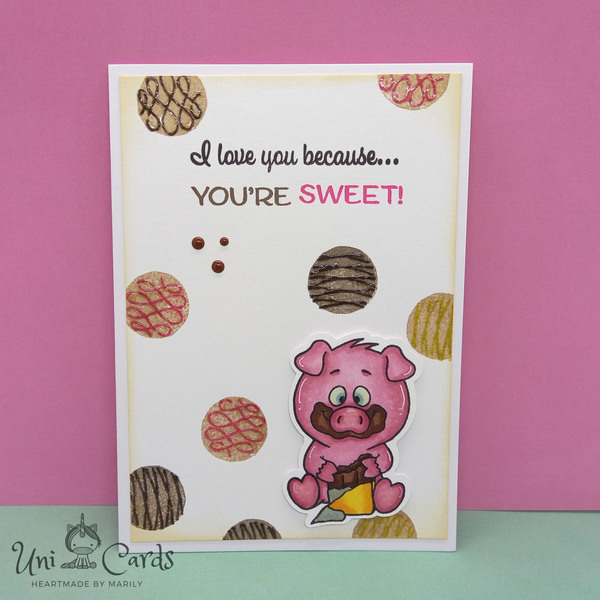 Ευχετήρια κάρτα (Γουρουνάκι που τρώει σοκολάτα) - γλυκά, κάρτα ευχών, ευχετήριες κάρτες - 3