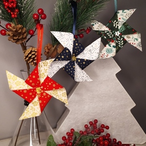 Σετ από 3 Χριστουγεννιάτικα στολίδια pinwheel σε κόκκινο, πράσινο και μπλε - ύφασμα, αστέρι, χειροποίητα, χριστουγεννιάτικα δώρα, στολίδια - 2