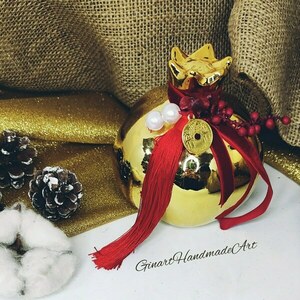Γούρι Κεραμικό Ρόδι Χρυσό 10x12cm - charms, χριστουγεννιάτικο, ρόδι, γούρια - 4