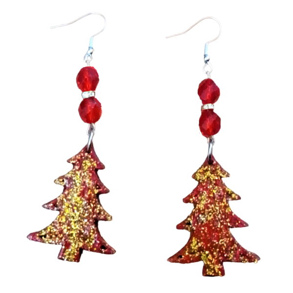 Χριστουγεννιάτικα σκουλαρίκια κρεμαστά με δεντράκι σε κόκκινο-χρυσό, 9 εκατοστά. - ξύλο, μαμά, κοσμήματα, χριστουγεννιάτικα δώρα, δέντρο