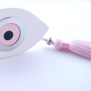 Παιδικό Γούρι Φυλαχτό - Μάτι για Νεογέννητο σε Λευκό με Ροζ φούντα Επικαθήμενο Γύψος 10 x 5,5 x 1εκ - κορίτσι, βρεφικά, δώρα για μωρά, φυλαχτά - 2