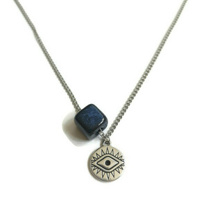 Κολιέ με ασημί αλυσίδα, μάτι και μπλε σκούρο κύβο - μήκος 45 εκ. - charms, μάτι, χάντρες, κύβος, μπλε χάντρα - 2
