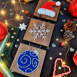 Ξύλινο διακοσμητικό με καρφιά & κλωστές "Christmas Mood" 42x12cm - ξύλο, νήμα, διακοσμητικά, χιονονιφάδα, άγιος βασίλης - 2