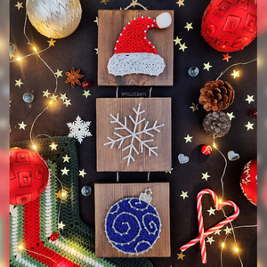 Ξύλινο διακοσμητικό με καρφιά & κλωστές "Christmas Mood" 42x12cm - ξύλο, νήμα, διακοσμητικά, χιονονιφάδα, άγιος βασίλης - 3