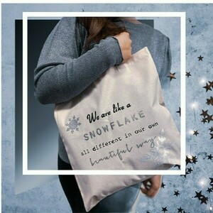 Πάνινη Τσάντα ♥ Snowflake - ύφασμα, ώμου, χριστουγεννιάτικο, πάνινες τσάντες - 5