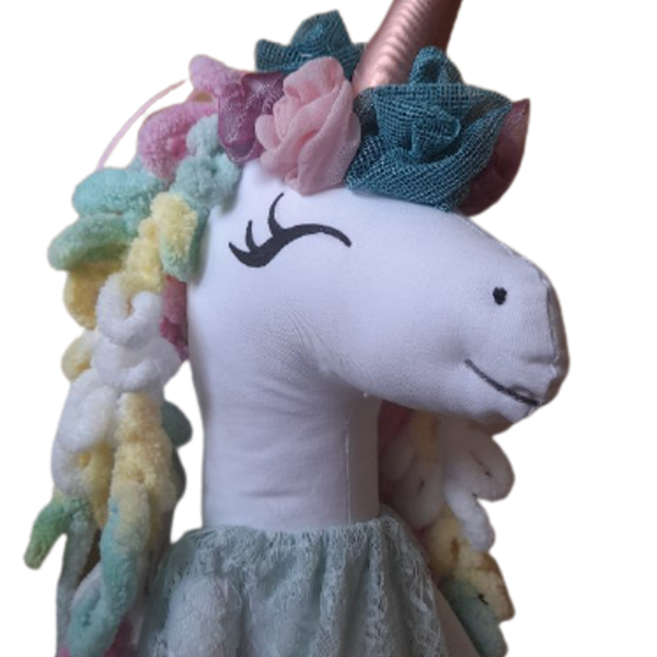 unicorn μονοκαιρίνα με δαντελένιο φόρεμα για παιχνίδι και διακόσμηση 70 εκ. - κορίτσι, αγάπη, χειροποίητα, 100% βαμβακερό
