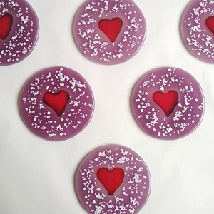 Γυάλινα σουβέρ "Καρδιά Ροζ" σετ 4 τεμαχίων 10εκ διάμετρος - ροζ, γυαλί, καρδιά, σουβέρ, χριστουγεννιάτικα δώρα - 3
