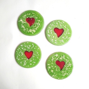 Γυάλινα σουβέρ "Καρδιά Πράσινο" σετ 4 τεμαχίων 10εκ διάμετρος - γυαλί, καρδιά, σουβέρ, χριστουγεννιάτικα δώρα