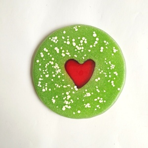 Γυάλινα σουβέρ "Καρδιά Πράσινο" σετ 4 τεμαχίων 10εκ διάμετρος - γυαλί, καρδιά, σουβέρ, χριστουγεννιάτικα δώρα - 2