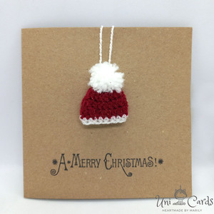 Χριστουγεννιάτικη κάρτα με πλεκτό σκουφάκι - νήμα, χριστουγεννιάτικο, χριστουγεννιάτικα δώρα, σκουφάκια, ευχετήριες κάρτες - 2