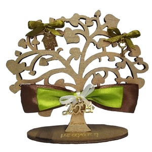 Γούρι 2024 ξύλινο δεντράκι χρυσό-καφέ-λαδί 11×3×10,7cm - ξύλο, χριστουγεννιάτικα δώρα, γούρια, πρωτοχρονιά, δέντρο