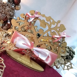 Γούρι 2024 ξύλινο δεντράκι χρυσό-vintage ροζ-ιβουάρ 11×3×10,7cm - ξύλο, χριστουγεννιάτικα δώρα, γούρια, πρωτοχρονιά, δέντρο - 2