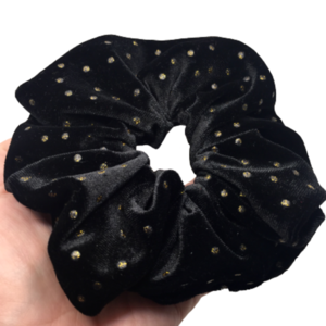 Υφασμάτινο λαστιχάκι scrunchie black με πουά χρυσό - ύφασμα, κορίτσι, πουά, μαύρα, λαστιχάκια μαλλιών