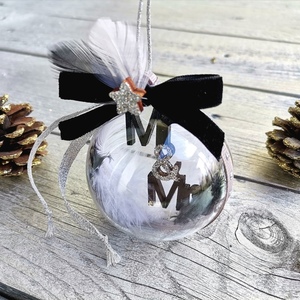 Χριστουγεννιάτικη μπάλα 6cm Mr & Mrs με φτερά - βελούδο, plexi glass, χριστουγεννιάτικα δώρα, στολίδια, μπάλες - 3