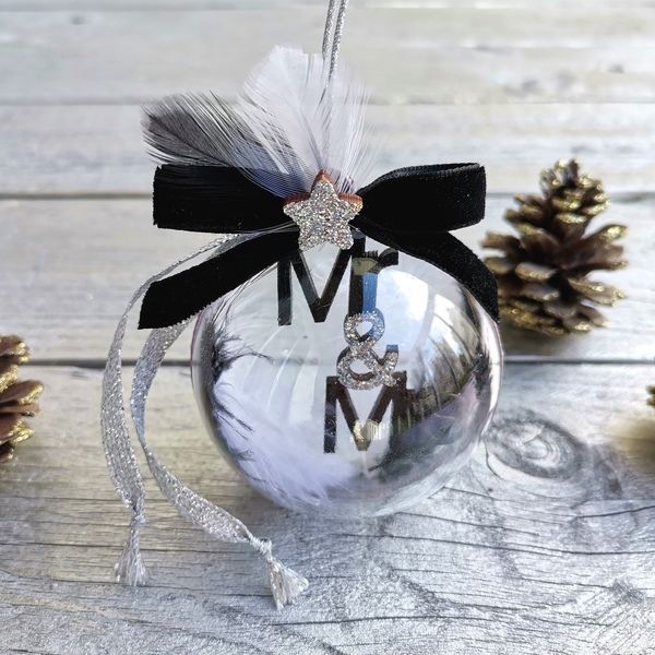 Χριστουγεννιάτικη μπάλα 6cm Mr & Mrs με φτερά - βελούδο, plexi glass, χριστουγεννιάτικα δώρα, στολίδια, μπάλες - 4