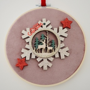 Χριστουγεννιάτικο διακοσμητικό τελάρο 15,5cm - ξύλο, αστέρι, βελούδο, χιονονιφάδα, στολίδια - 2