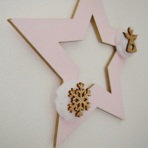 Χριστουγεννιάτικο διακοσμητικό αστέρι 20cm σε ροζ χρώμα - ξύλο, αστέρι, pom pom, διακοσμητικά, χιονονιφάδα - 3