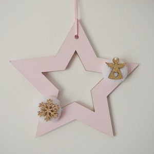 Χριστουγεννιάτικο διακοσμητικό αστέρι 20cm σε ροζ χρώμα - ξύλο, αστέρι, pom pom, διακοσμητικά, χιονονιφάδα