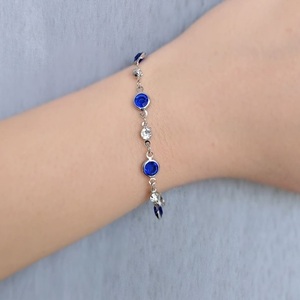 Χειροποιητο Βραχιολι Αλυσιδα Ατσαλινη Ροζαριο με μπλε και ασπρα Κρυσταλλα σε ασημί καστονι - ημιπολύτιμες πέτρες, αλυσίδες, ατσάλι, χεριού, αυξομειούμενα - 2