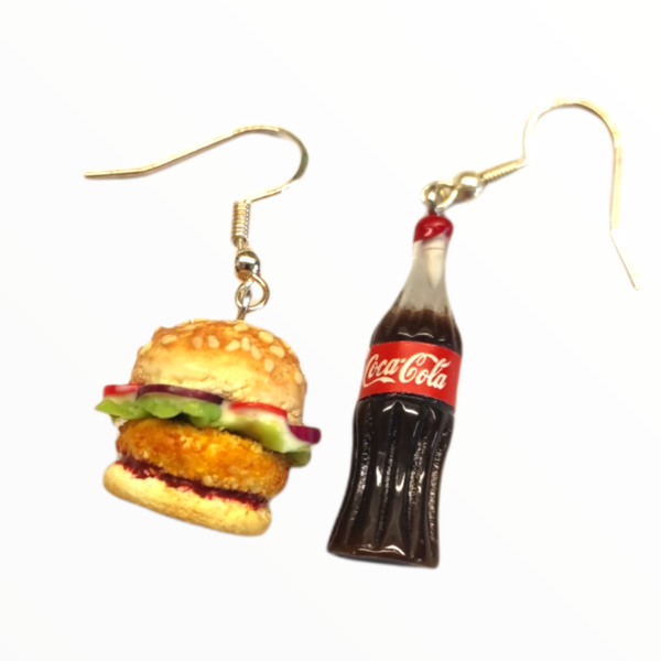 Σκουλαρίκια burger με cola - ασήμι, πηλός, μικρά, ατσάλι, κρεμαστά