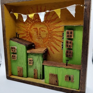 Ξύλινη πόλη με ήλιο σε καδράκι 14*14 - ξύλο, πίνακες & κάδρα, ήλιος, διακοσμητικά - 3