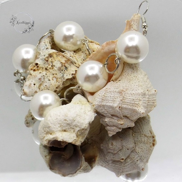 "Pearls" - Κρεμαστά σκουλαρίκια -Vintage- με λευκές πέρλες - ημιπολύτιμες πέτρες, μεταλλικά στοιχεία, κρεμαστά, πέρλες, γάντζος - 2