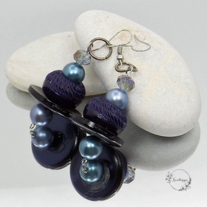 "Βlue Sphere" - Κρεμαστά -Vintage- σκουλαρίκια με κουμπιά και πέρλες - ημιπολύτιμες πέτρες, κουμπί, κρεμαστά, πέρλες, γάντζος - 2