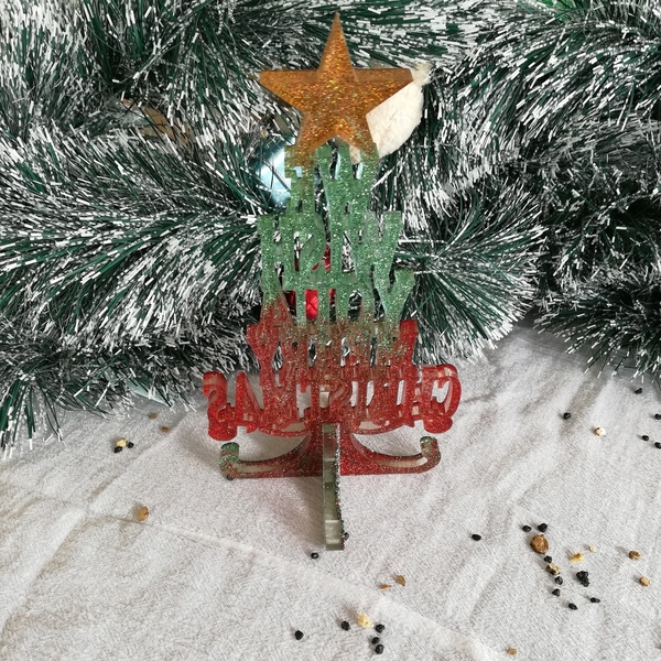 Διακοσμητικό Χριστουγεννιάτικο δέντρο γκλίτερ κόκκινο-πράσινο, από υγρό γυαλί, 18*10 εκ - γυαλί, διακοσμητικά, χριστουγεννιάτικα δώρα, δέντρο - 5