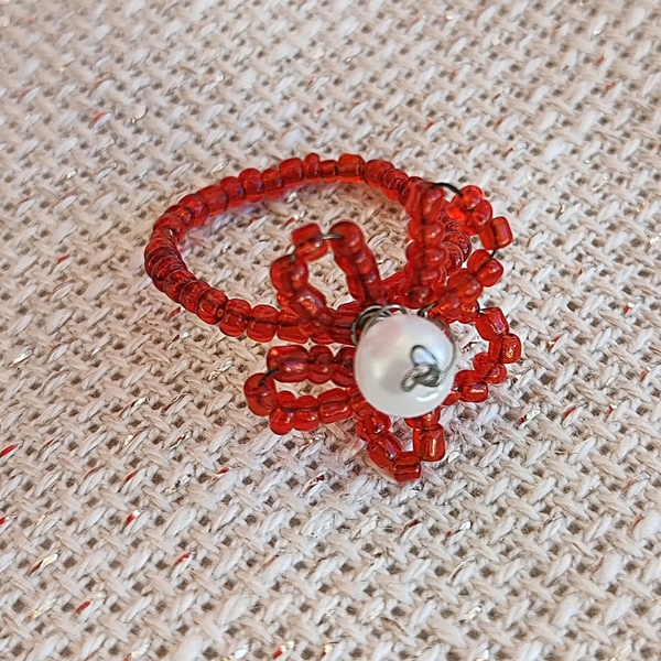δαχτυλίδι κόκκινο λουλούδι μαργαρίτα με πέρλα - γυαλί, χάντρες, λουλούδι, σταθερά, φθηνά - 2